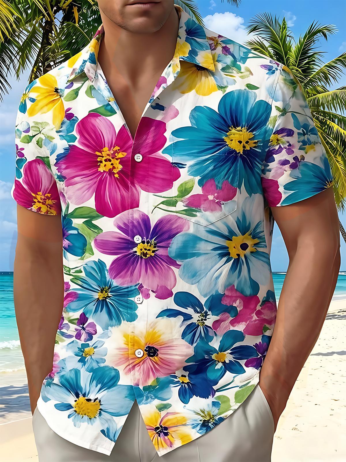 Hawaiian Colorful Tropical Floral Men's Pocket Short Sleeve Shirts