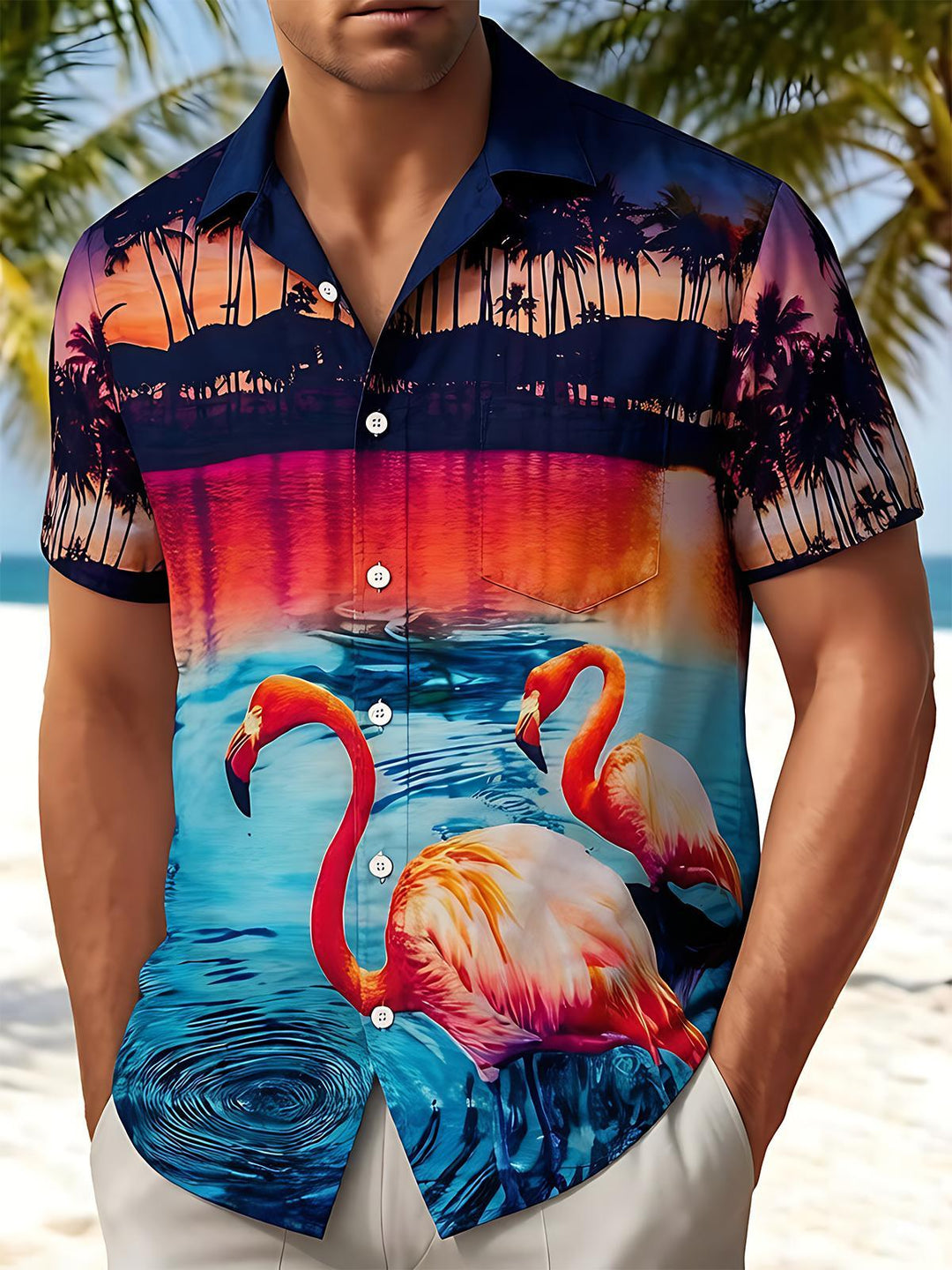 Sunset Flamingo Hawaiian Men's Pocket Short Sleeve Shirts