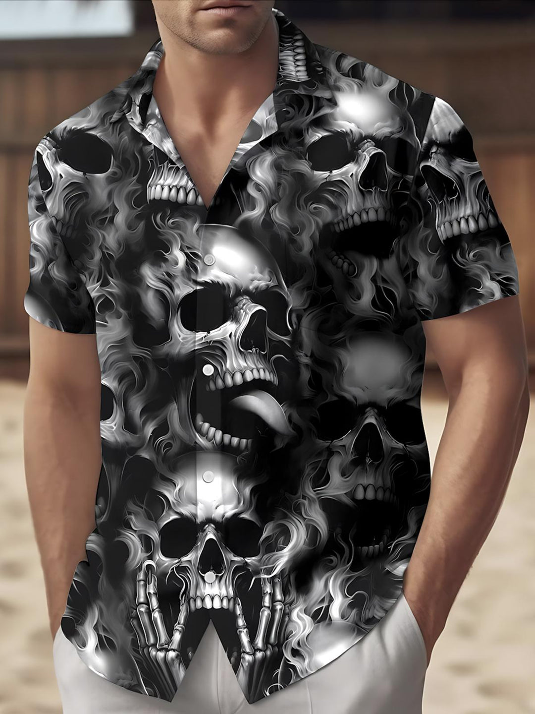 Skull Print Men's Pocket Short Sleeve Shirts