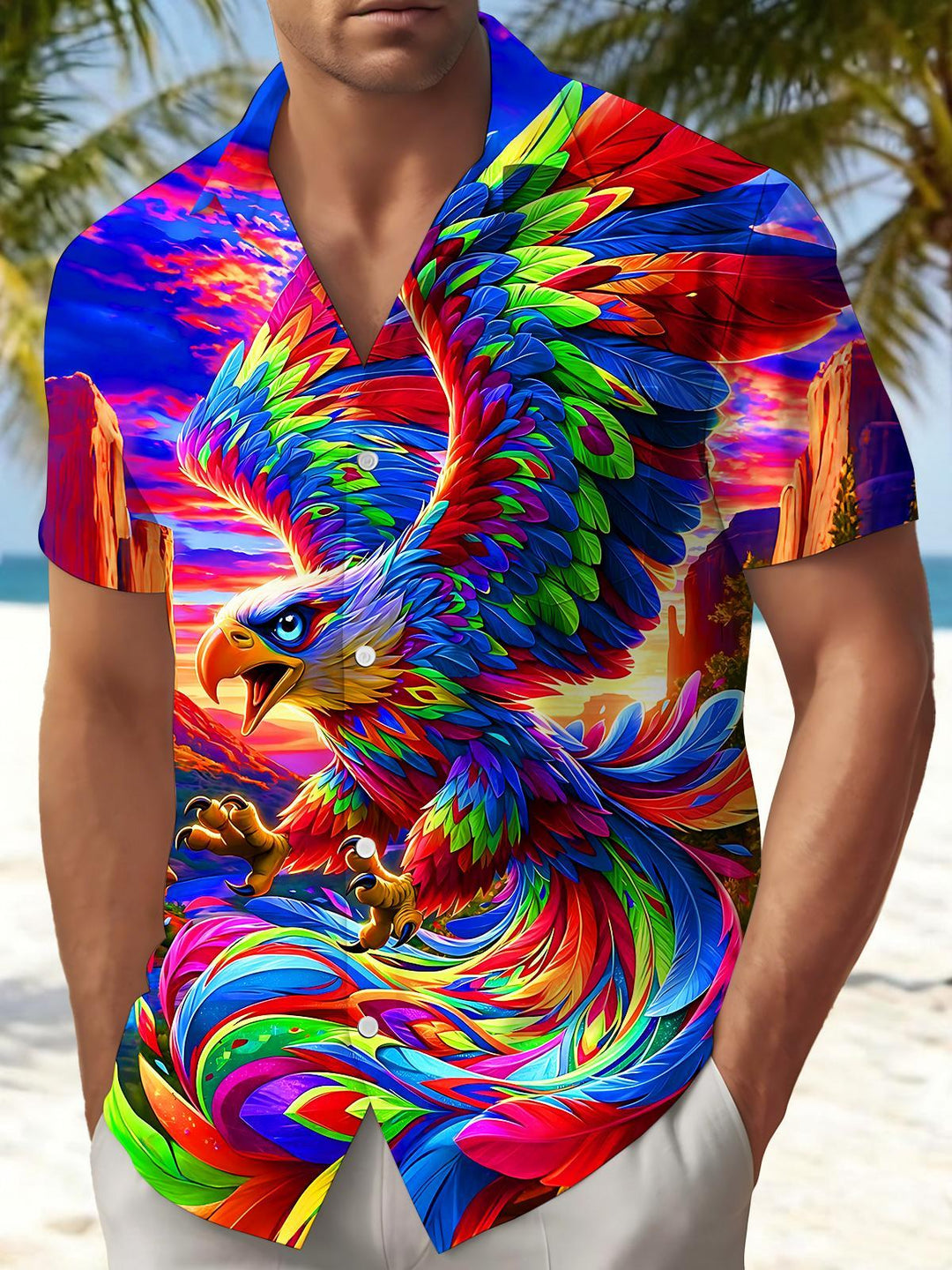 Art Colorful Sunset Eagle Men's Pocket Short Sleeve Shirts