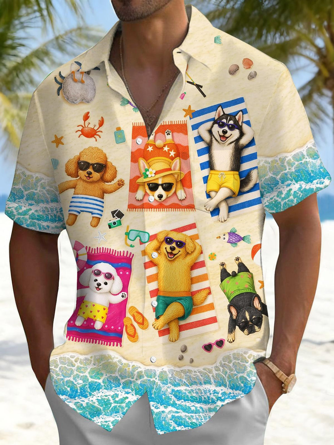 Hawaiian Beach Animal Puppy Print Men's Pocket Short Sleeve Shirts