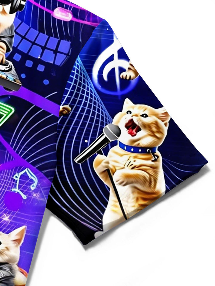 Musical Rock Cat Print Men's Pocket Short Sleeve Shirts