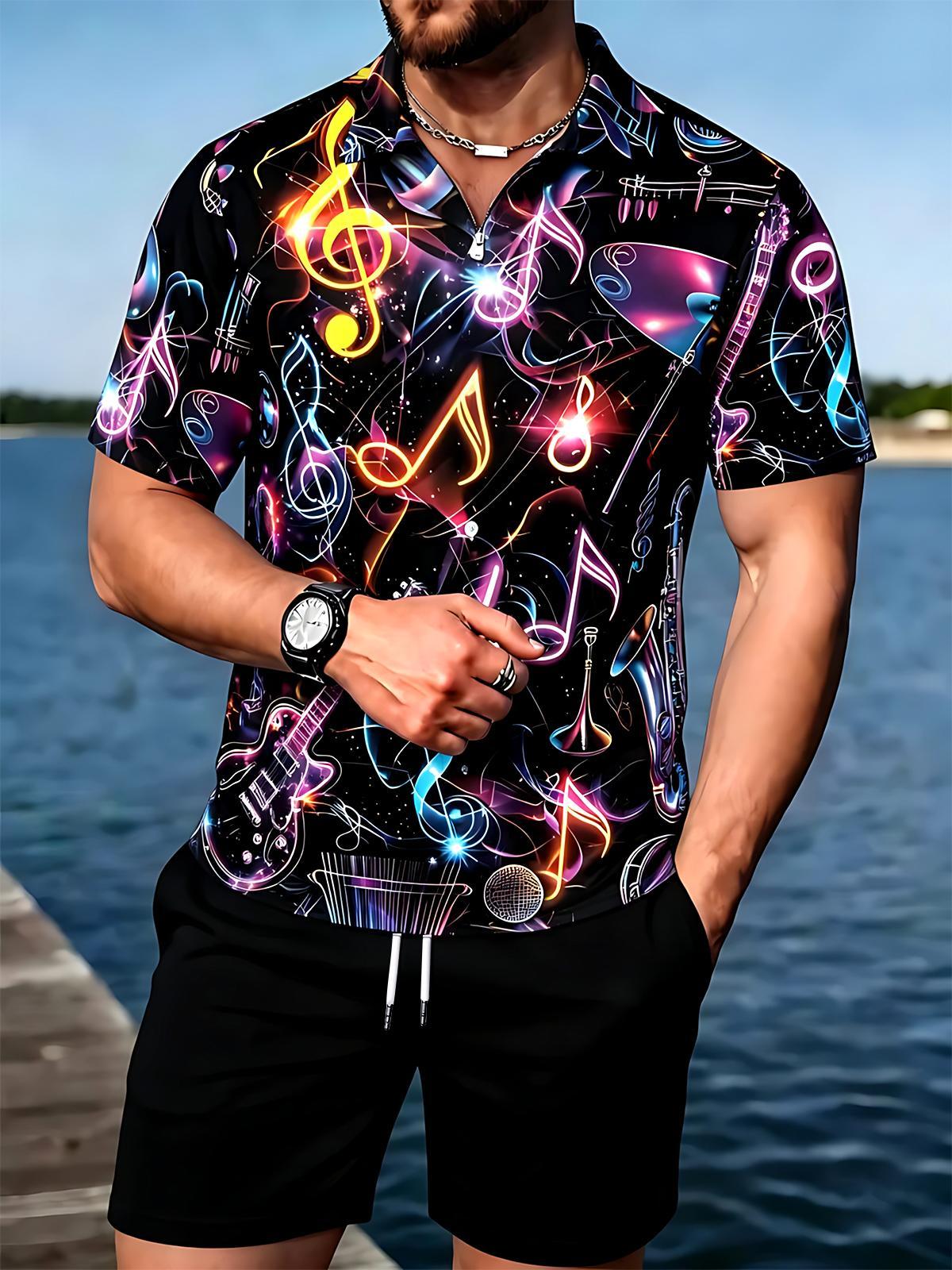 Musical Note Men's Short Sleeve Zipper Polo And Shorts Set