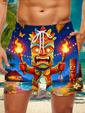 Fun Hawaiian Night Torch Tiki Statue Tropical Beach Beach Men's Print Pocket Shorts