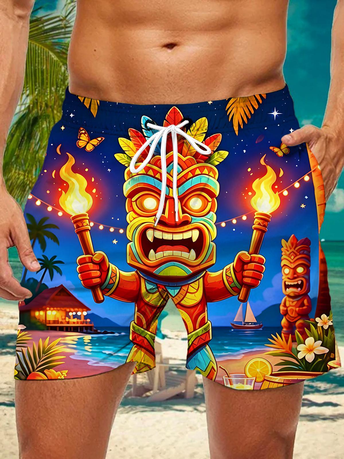 Fun Hawaiian Night Torch Tiki Statue Tropical Beach Beach Men's Print Pocket Shorts