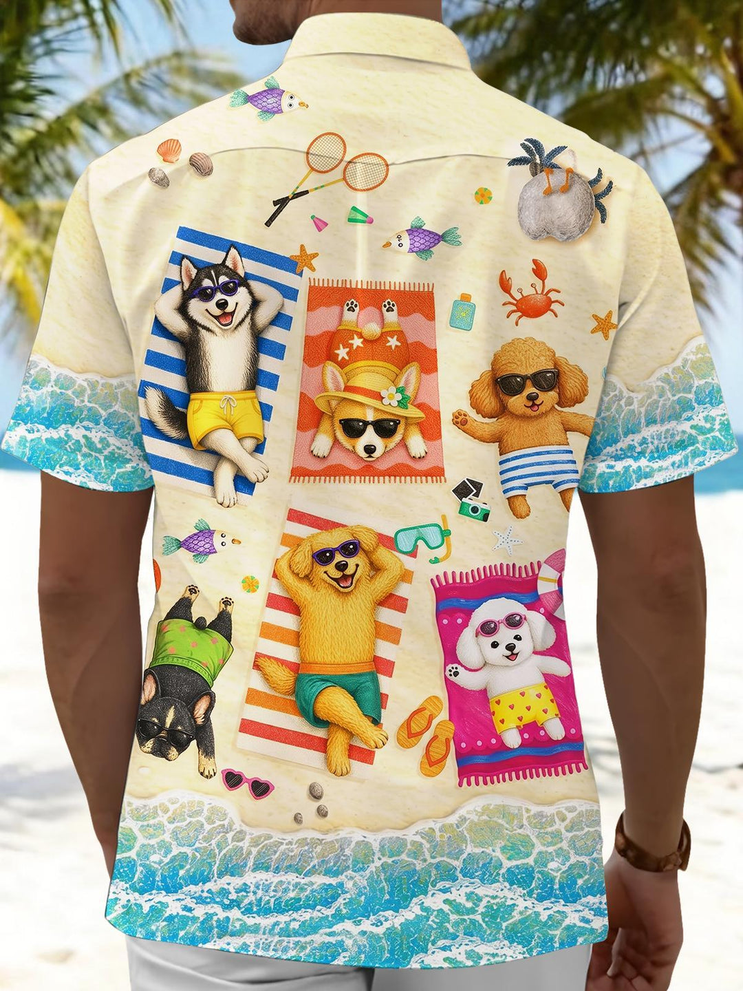 Hawaiian Beach Animal Puppy Print Men's Pocket Short Sleeve Shirts