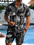 Black And White Rock Music Drums & Guitar Men's Short Sleeve Pocket Shirts And Shorts Set