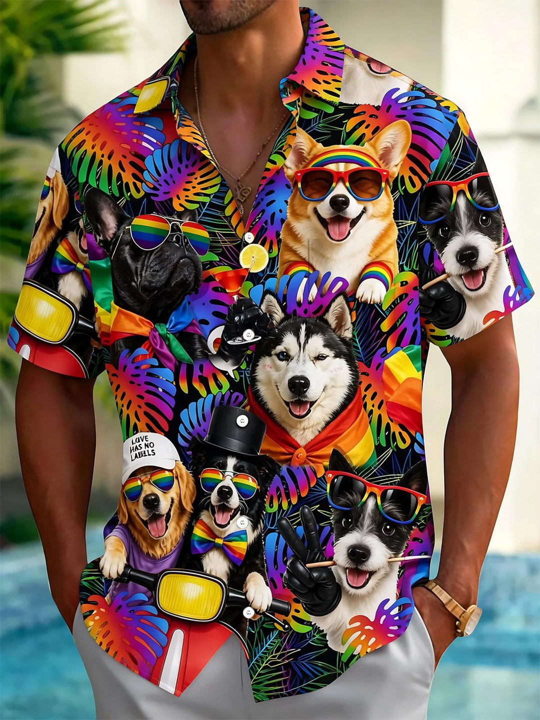 Colorful Leaf dog Hawaiian Print Men's Pocket Short Sleeve Shirts