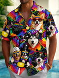 Colorful Leaf dog Hawaiian Print Men's Pocket Short Sleeve Shirts