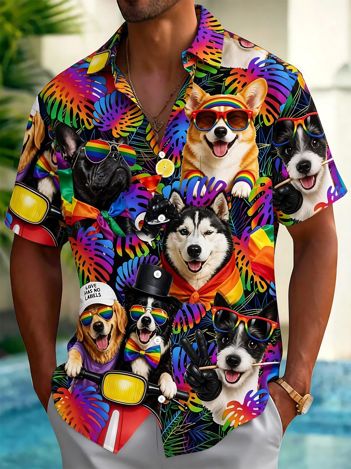 Colorful Leaf dog Hawaiian Print Men's Pocket Short Sleeve Shirts