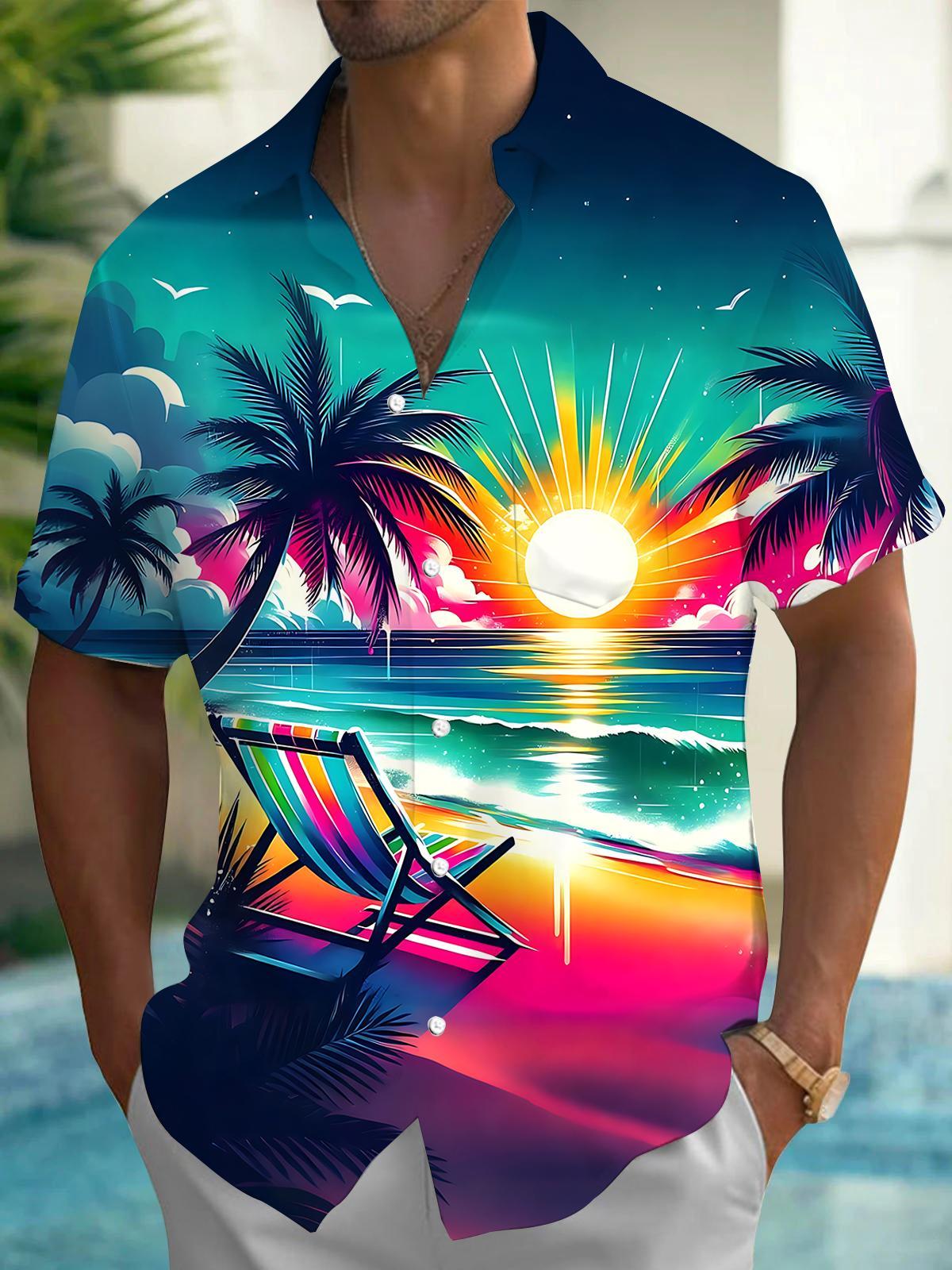 Hawaiian Sunset Beach Coconut Tree Men's Pocket Short Sleeve Shirts