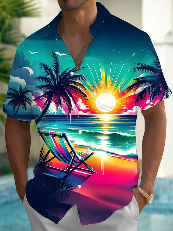 Hawaiian Sunset Beach Coconut Tree Men's Pocket Short Sleeve Shirts