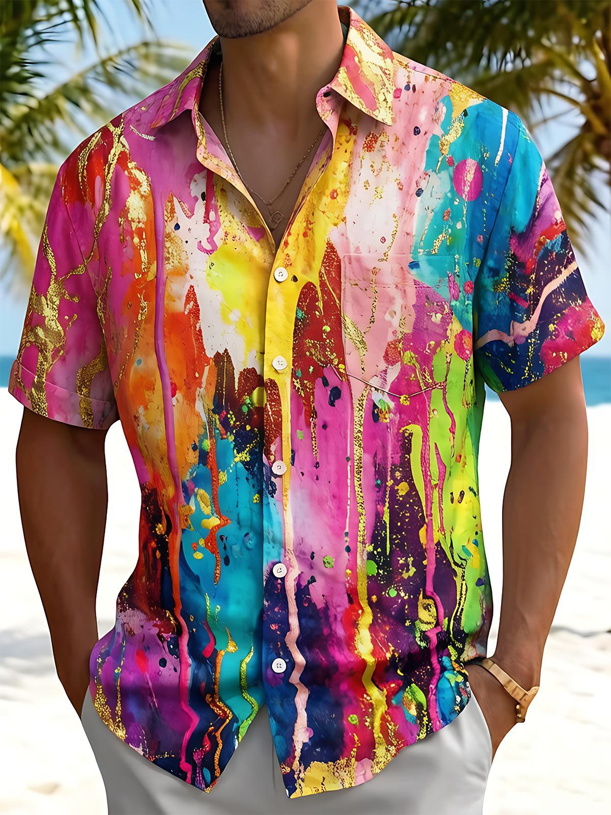 Art Gold Gilded Splash Abstract Colorful Tie Dye Men's Pocket Short Sleeve Shirts