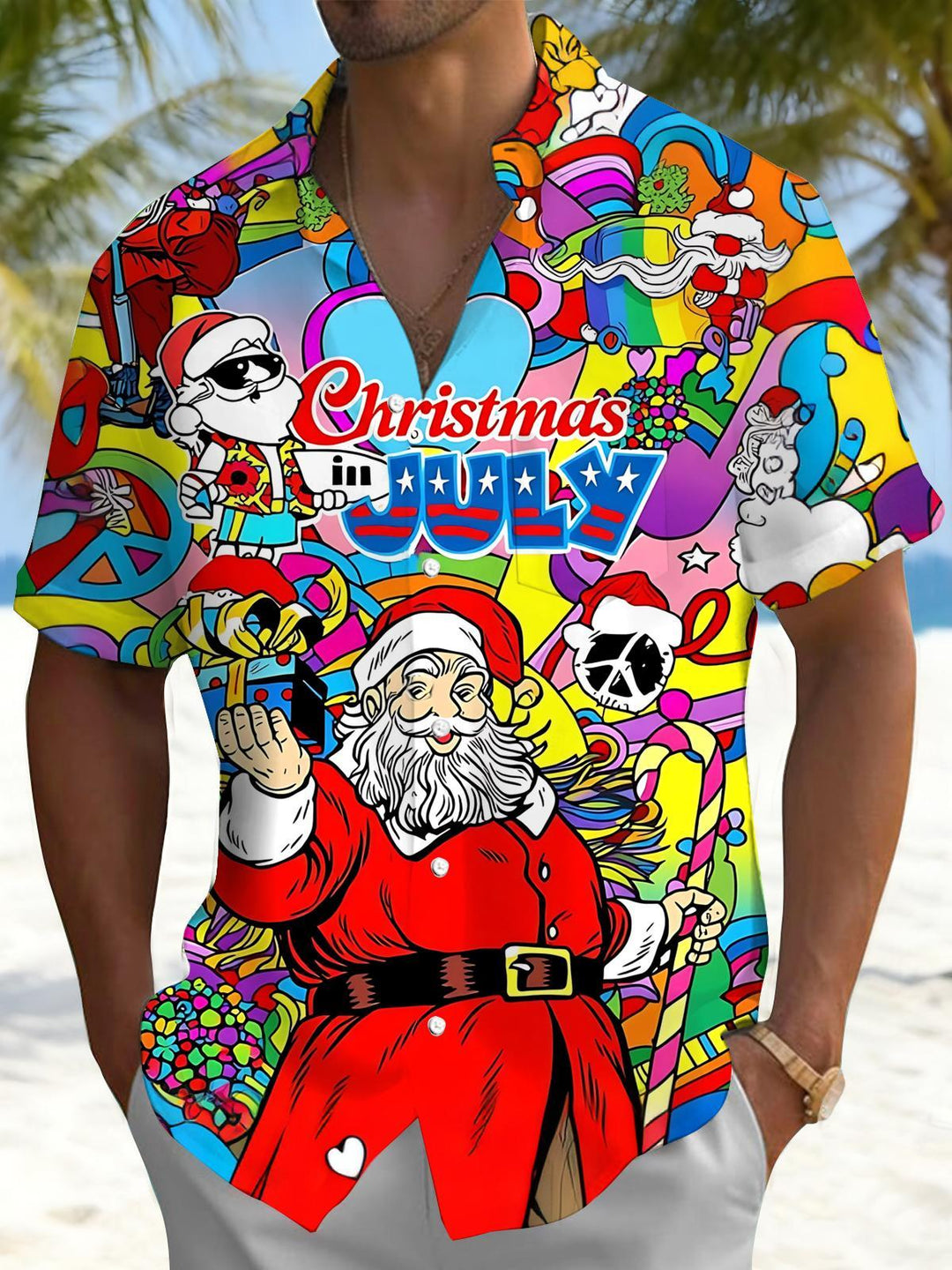 July Christmas Print Men's Pocket Short Sleeve Shirts