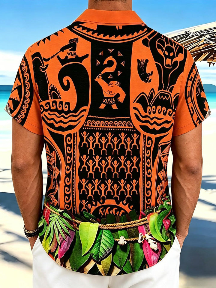 Hawaiian Orange Tribal Totem Decorated Men's Pocket Short Sleeve Shirts
