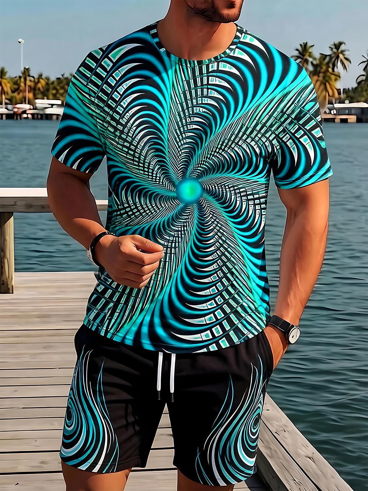 Abstract Teal Spiral Optical Illusion Men's Short Sleeve Round Neck T-shirt And Shorts Set