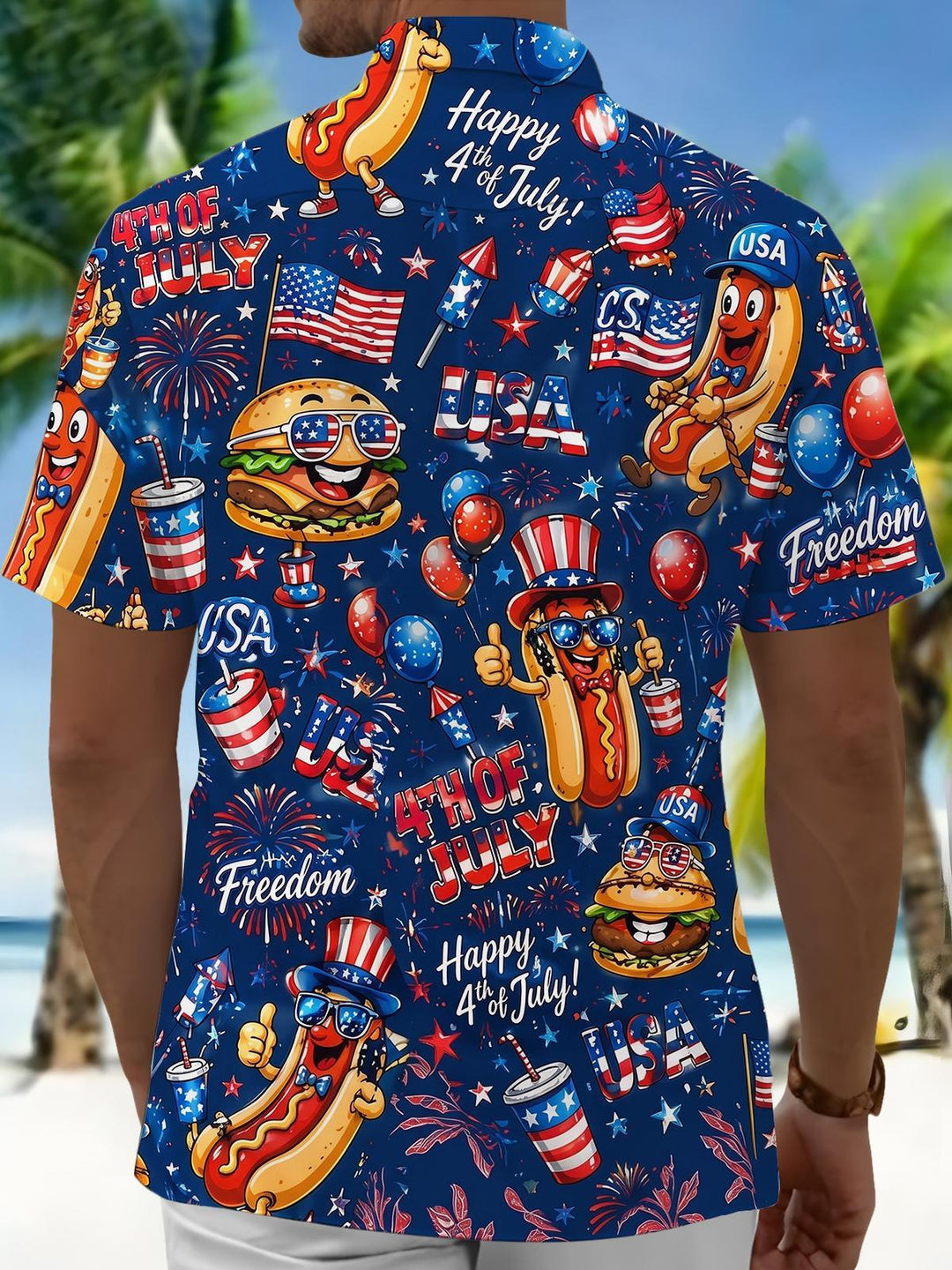 Fun USA Independence Day Hot Dog Hamburger Men's Pocket Short Sleeve Shirts