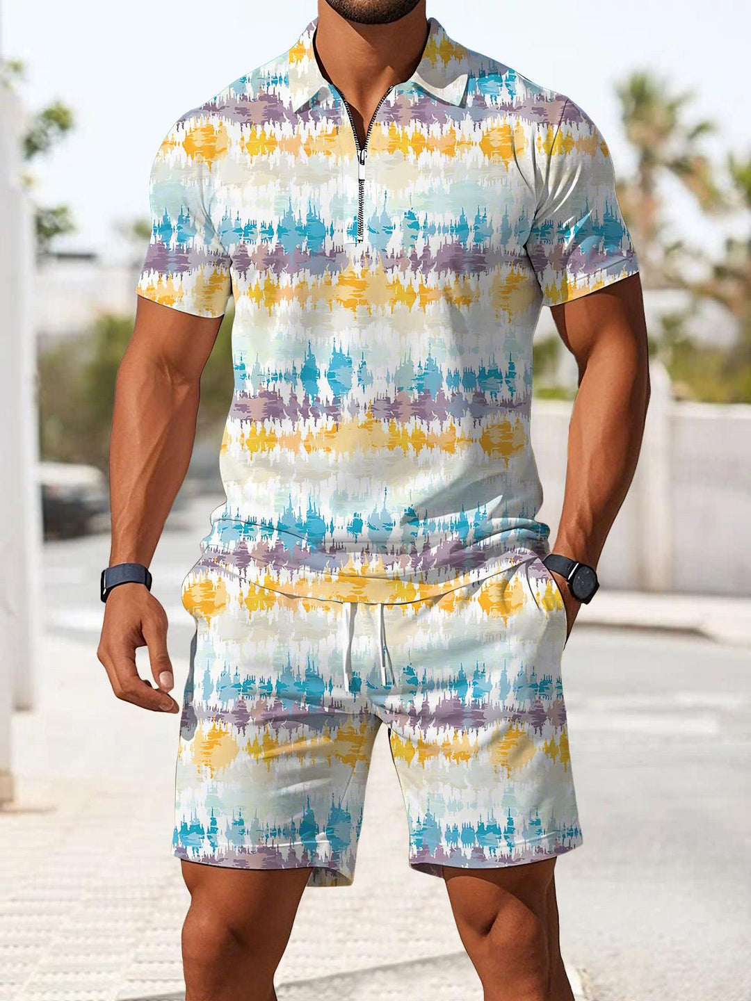 Gradient Print Men's Short Sleeve Zipper Polo And Shorts Set