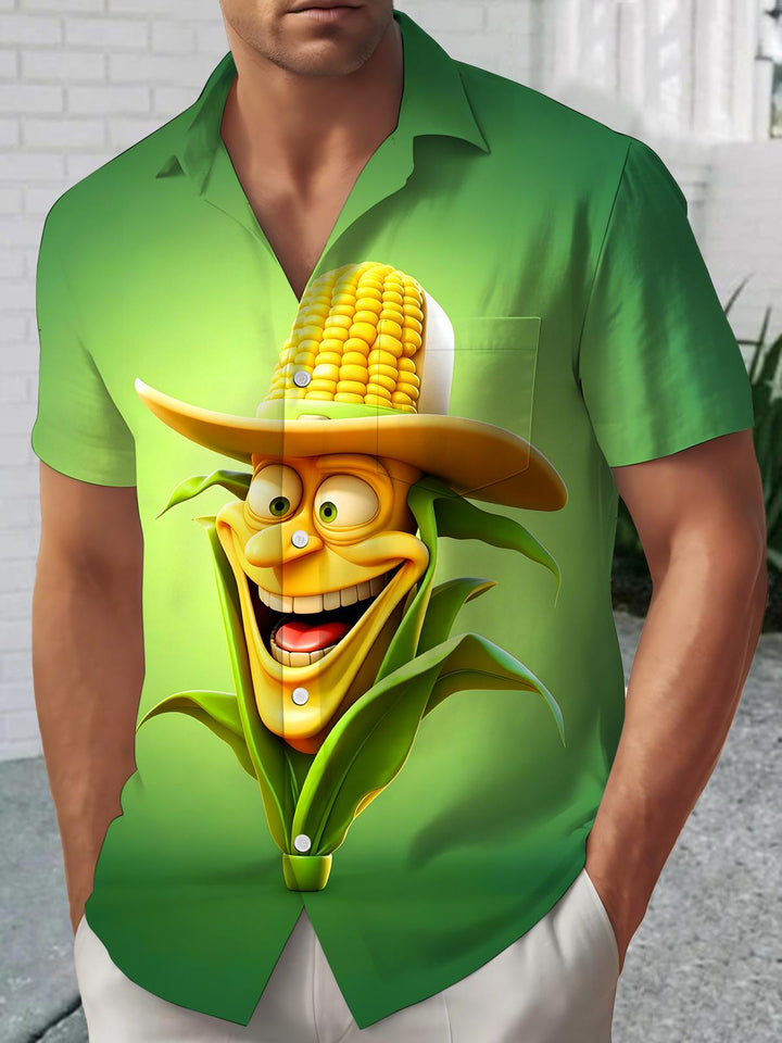 Fun Cartoon Corn Cowboy Men's Pocket Short Sleeve Shirts