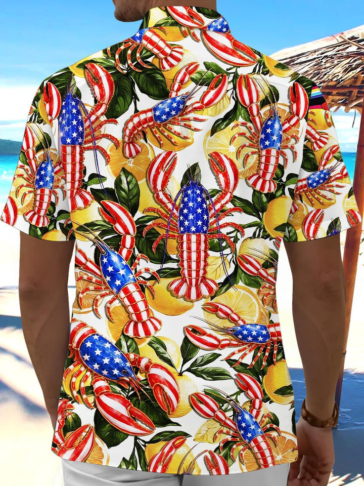 Independence Day American Flag Lobster Hawaiian Print Men's Pocket Short Sleeve Shirts