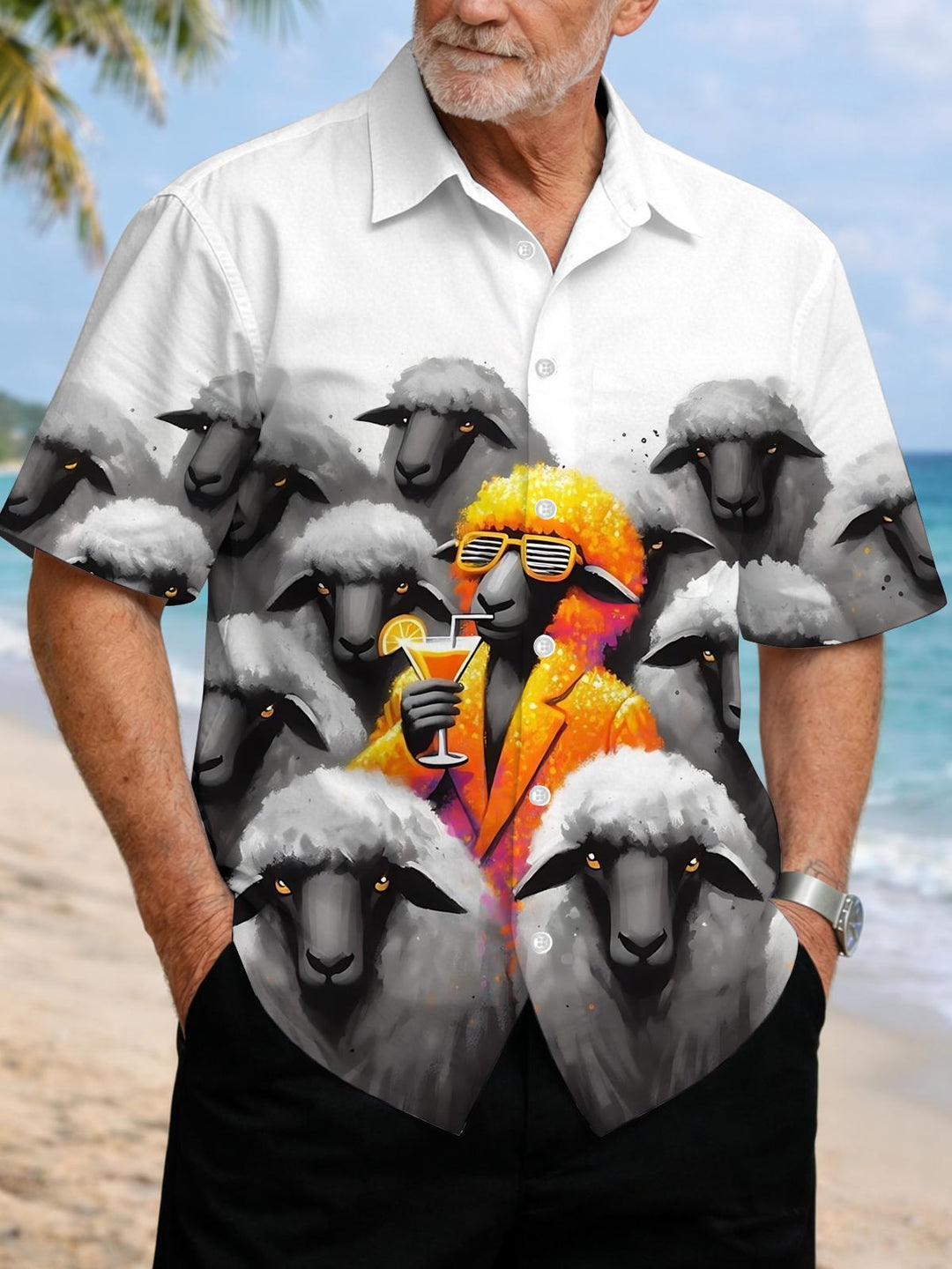 Sheep Print Men's Pocket Short Sleeve Shirts