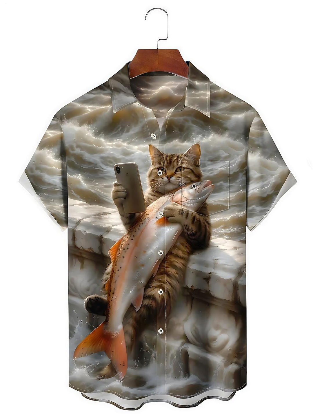 Funny Cat Fish Men's Pocket Short Sleeve Shirts