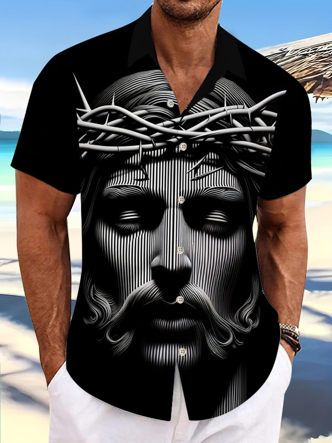 Jesus Print Men's Pocket Short Sleeve Shirts