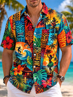 Vintage Hawaiian Tiki Totem Surf Hibiscus Men's Pocket Short Sleeve Shirts