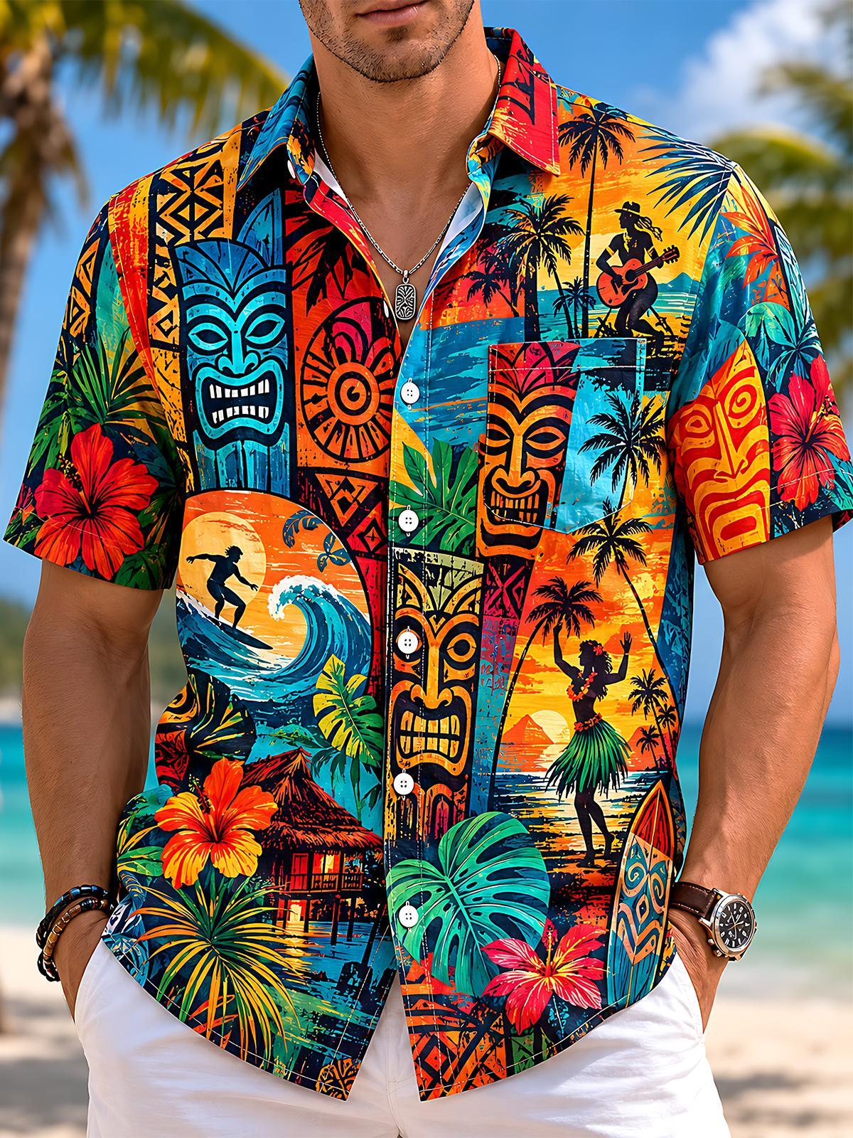 Vintage Hawaiian Tiki Totem Surf Hibiscus Men's Pocket Short Sleeve Shirts