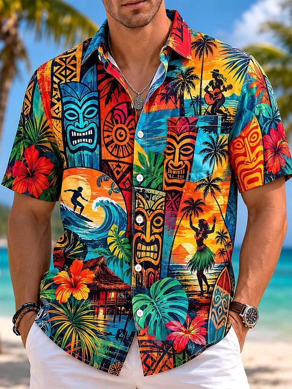 Vintage Hawaiian Tiki Totem Surf Hibiscus Men's Pocket Short Sleeve Shirts