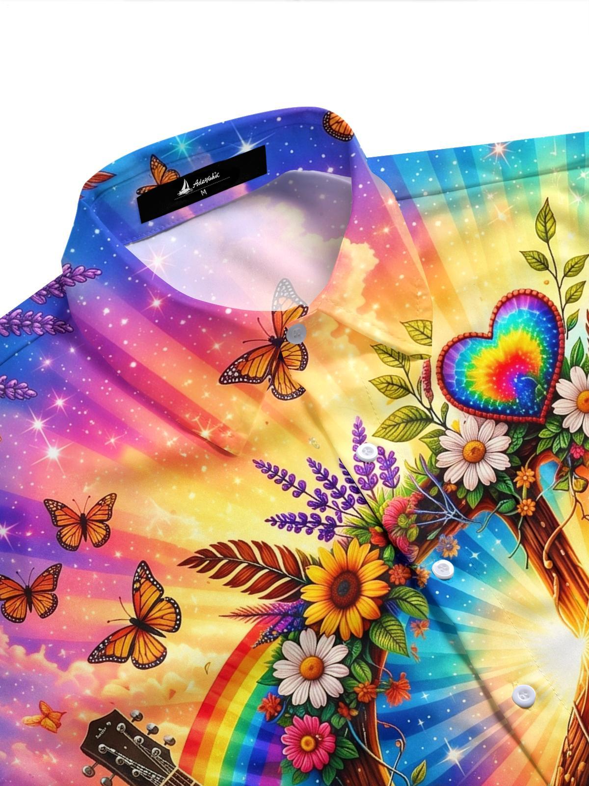 Hippie Peace Colorful Guitar Bohemian Men's Pocket Short Sleeve Shirts