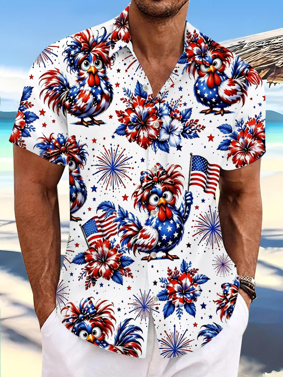 Independence Day Funny Patriotic Chicken American Flag Print Men's Pocket Short Sleeve Shirts