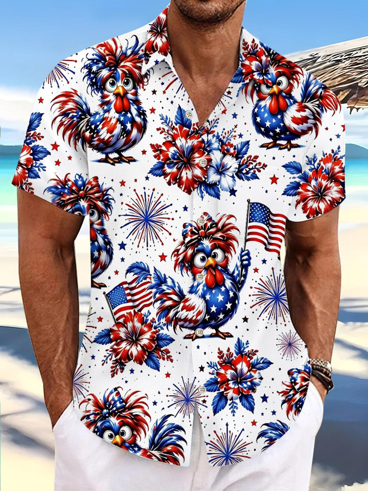 Independence Day Funny Patriotic Chicken American Flag Print Men's Pocket Short Sleeve Shirts
