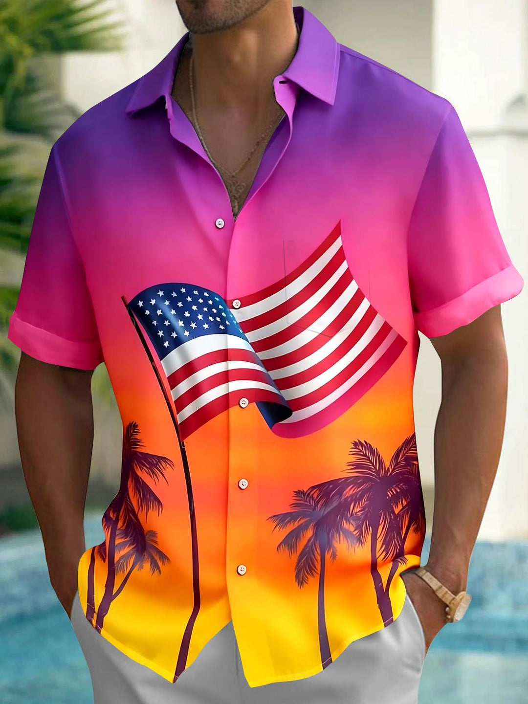 Independence American Flag Coconut Tree Men's Pocket Short Sleeve Shirts