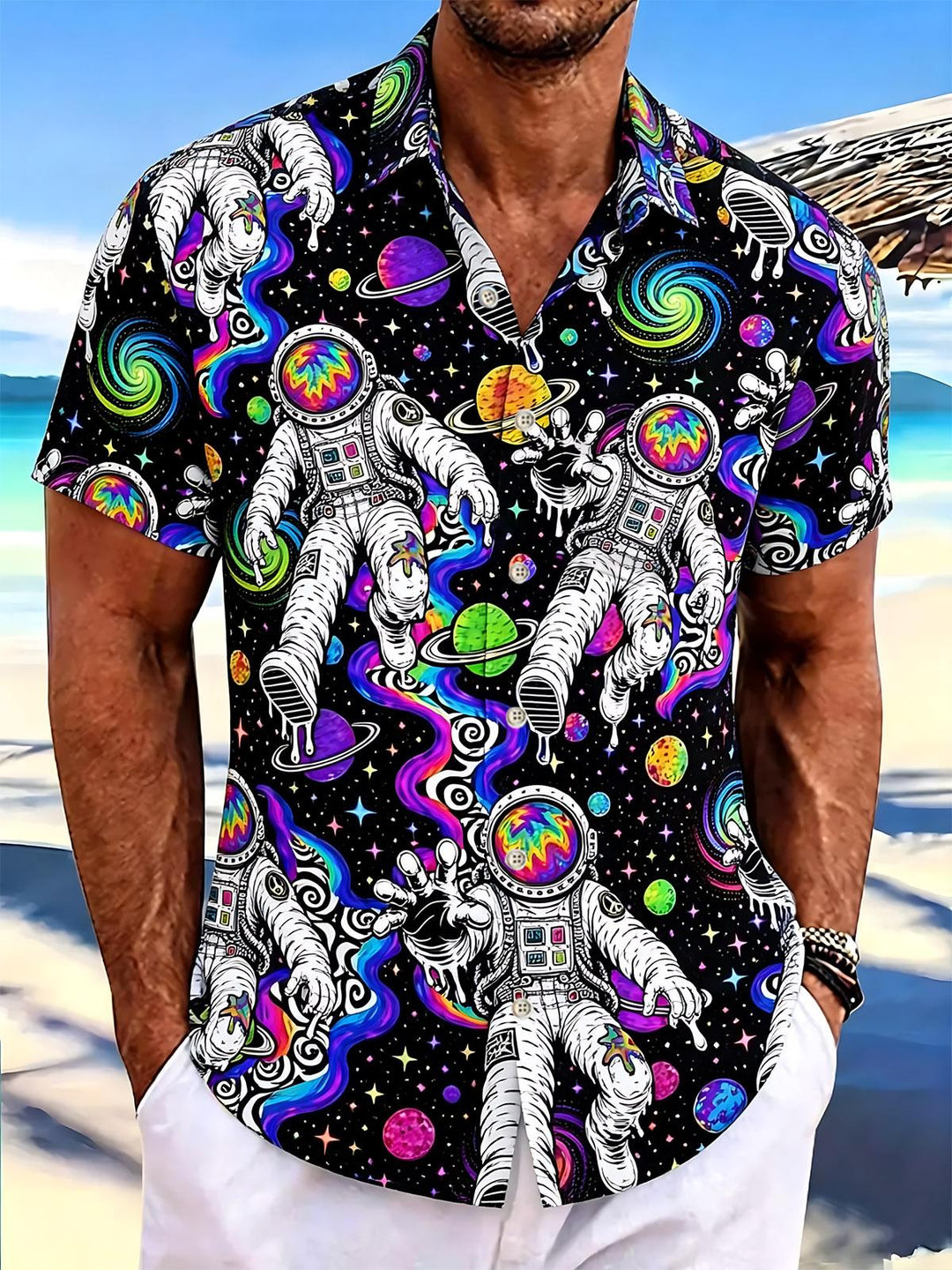Cosmic Tie Dye Astronaut Print Men's Pocket Short Sleeve Shirts