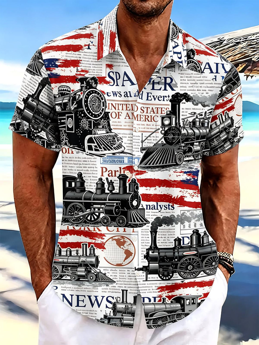 Independence Day American Flag Train Print Men's Pocket Short Sleeve Shirts