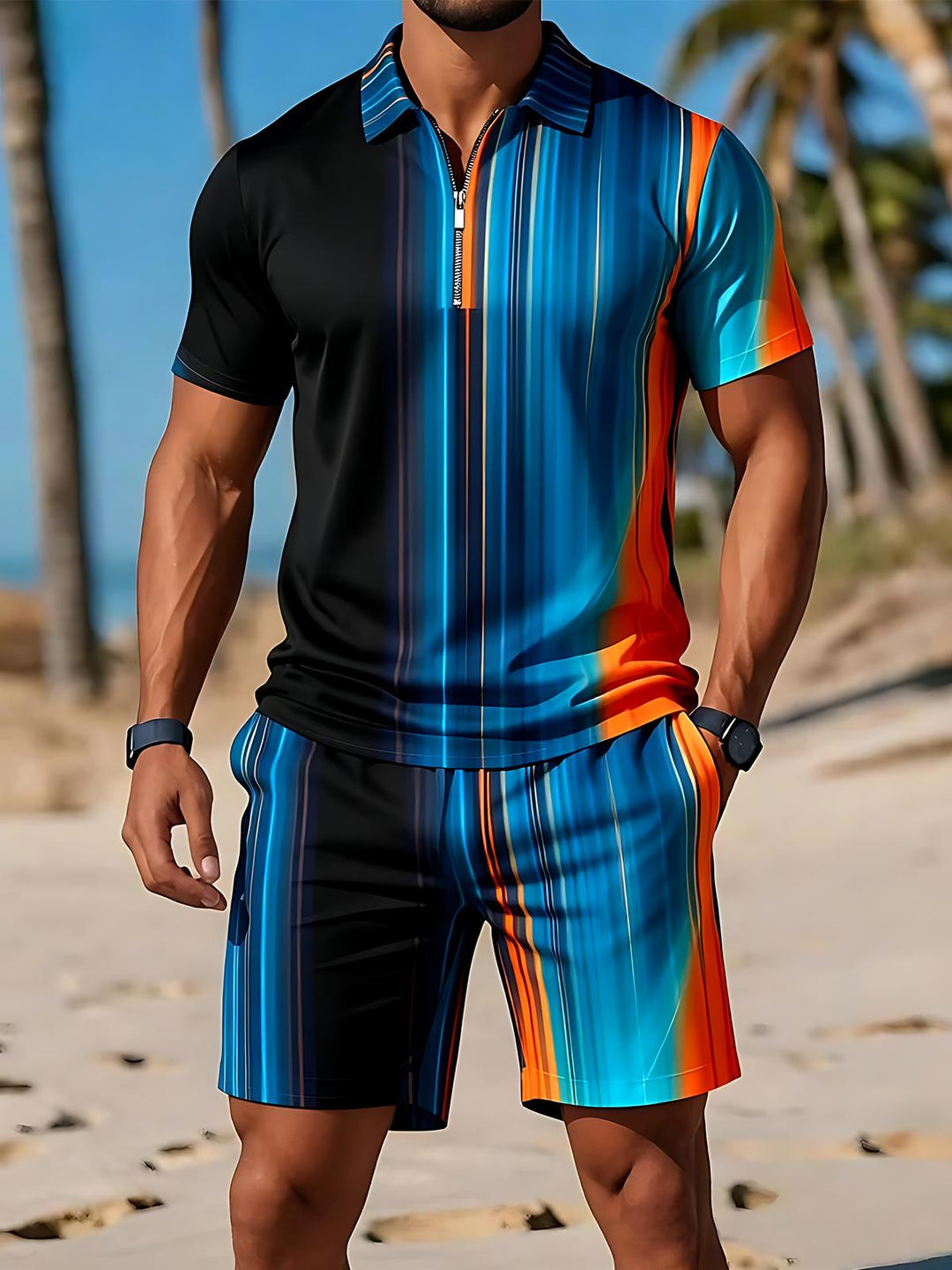 Geometry Men's Short Sleeve Zipper Polo And Shorts Set
