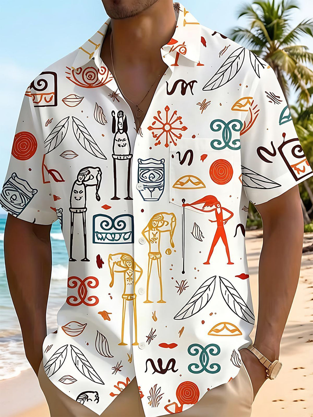 Fun Ethnic Totem Tribal Primitive Stick Figure Graffiti Beach Men's Pocket Short Sleeve Shirts