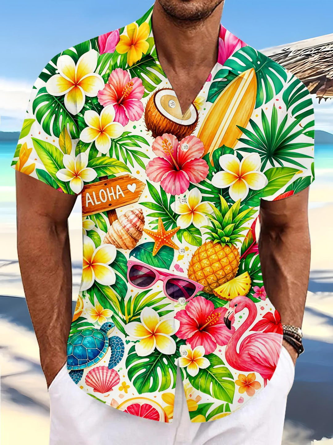 Hawaiian Plumeria Hibiscus Flamingo Tropical Men's Pocket Short Sleeve Shirts