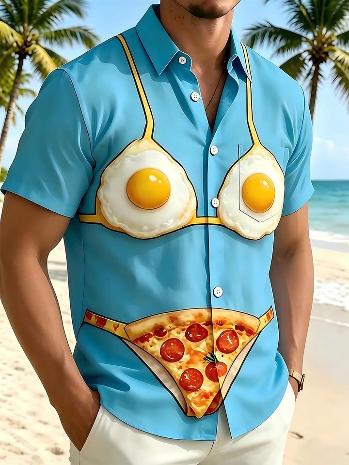 Funny Fried Egg Pizza Print Men's Pocket Short Sleeve Shirts