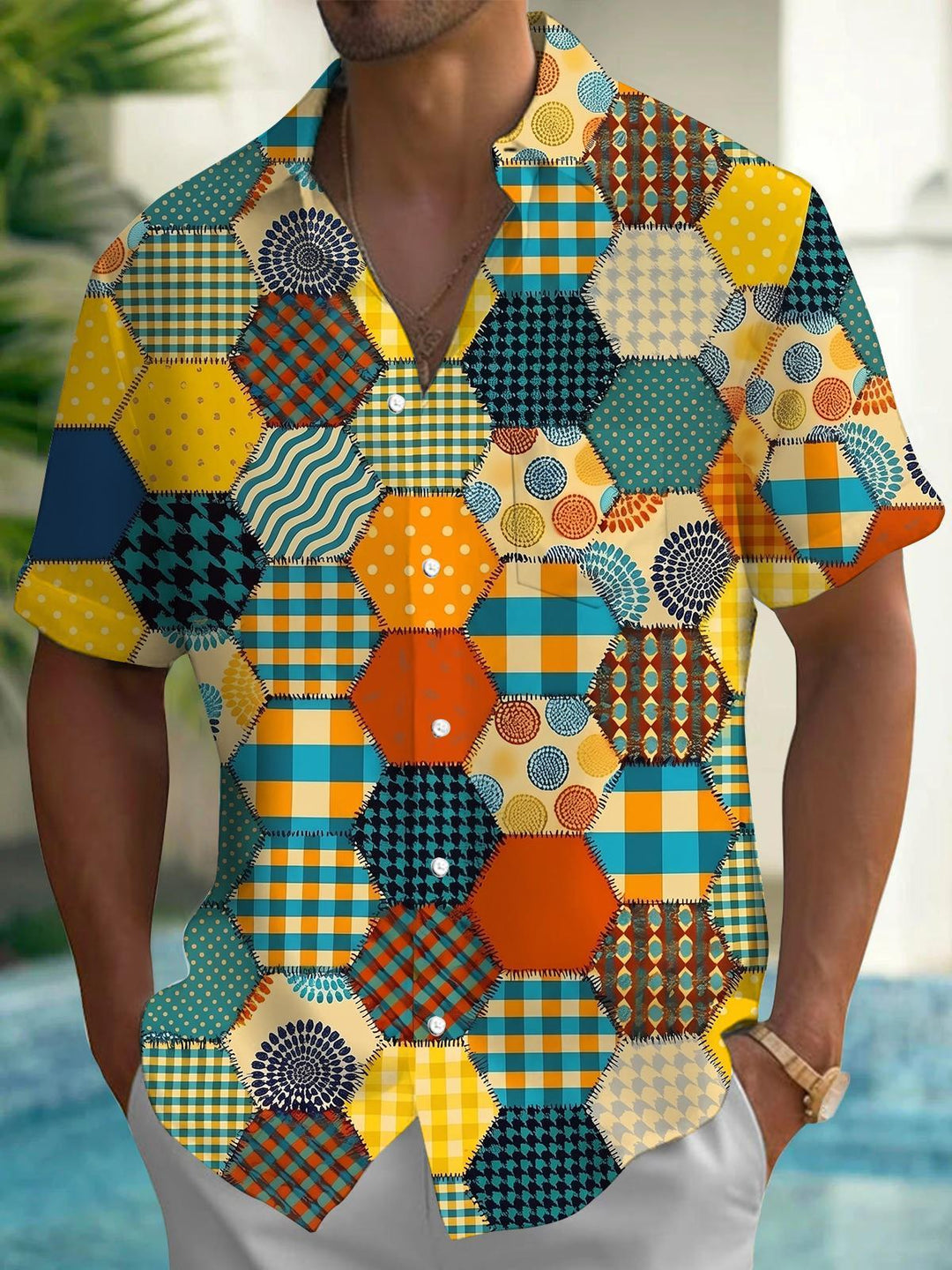 Vintage Hexagon Patchwork Plaid Polka Dot Geometry Men's Pocket Short Sleeve Shirts