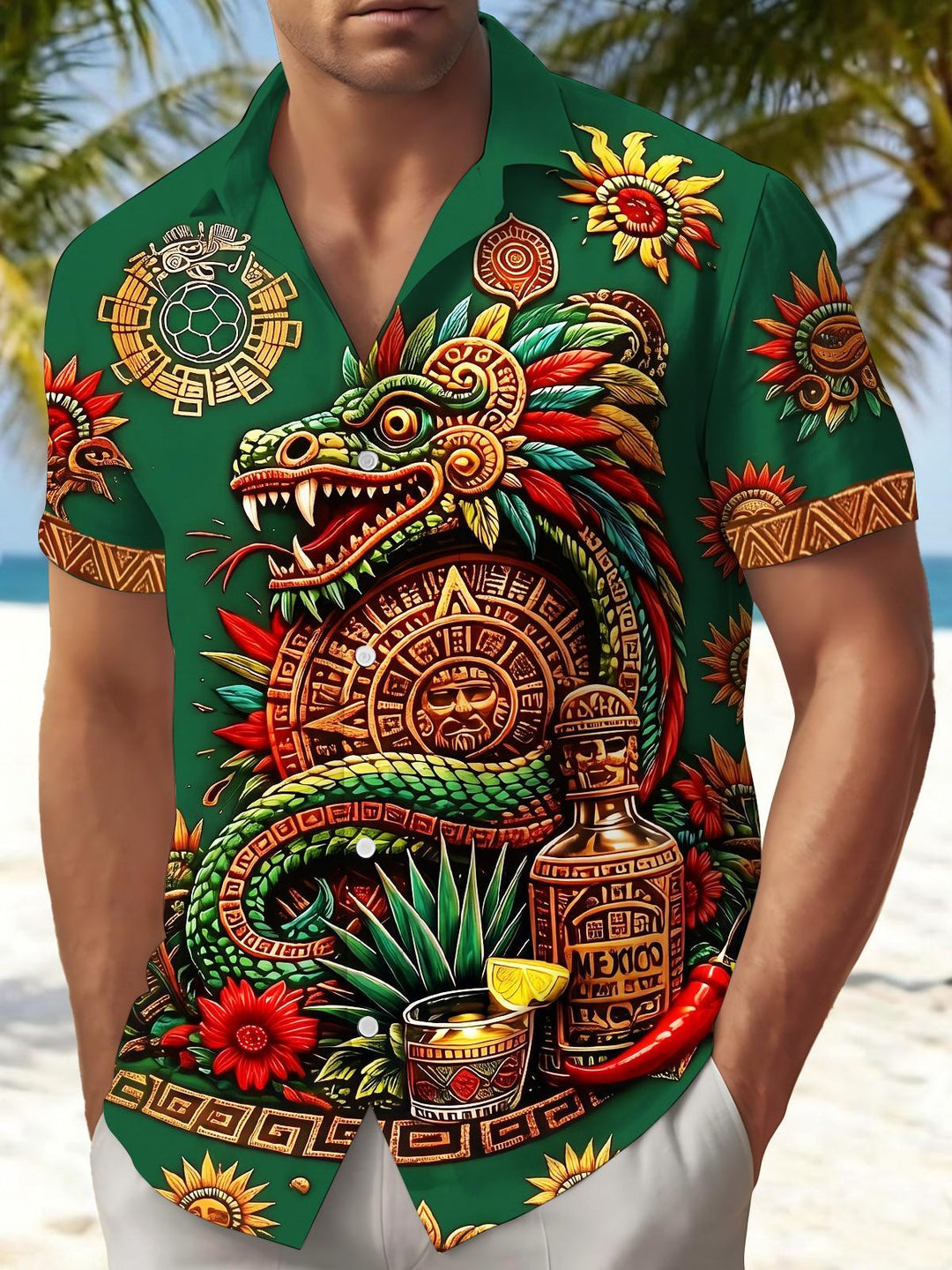 Vintage Ethnic Totem Tribal Dragon Tequila Men's Pocket Short Sleeve Shirts