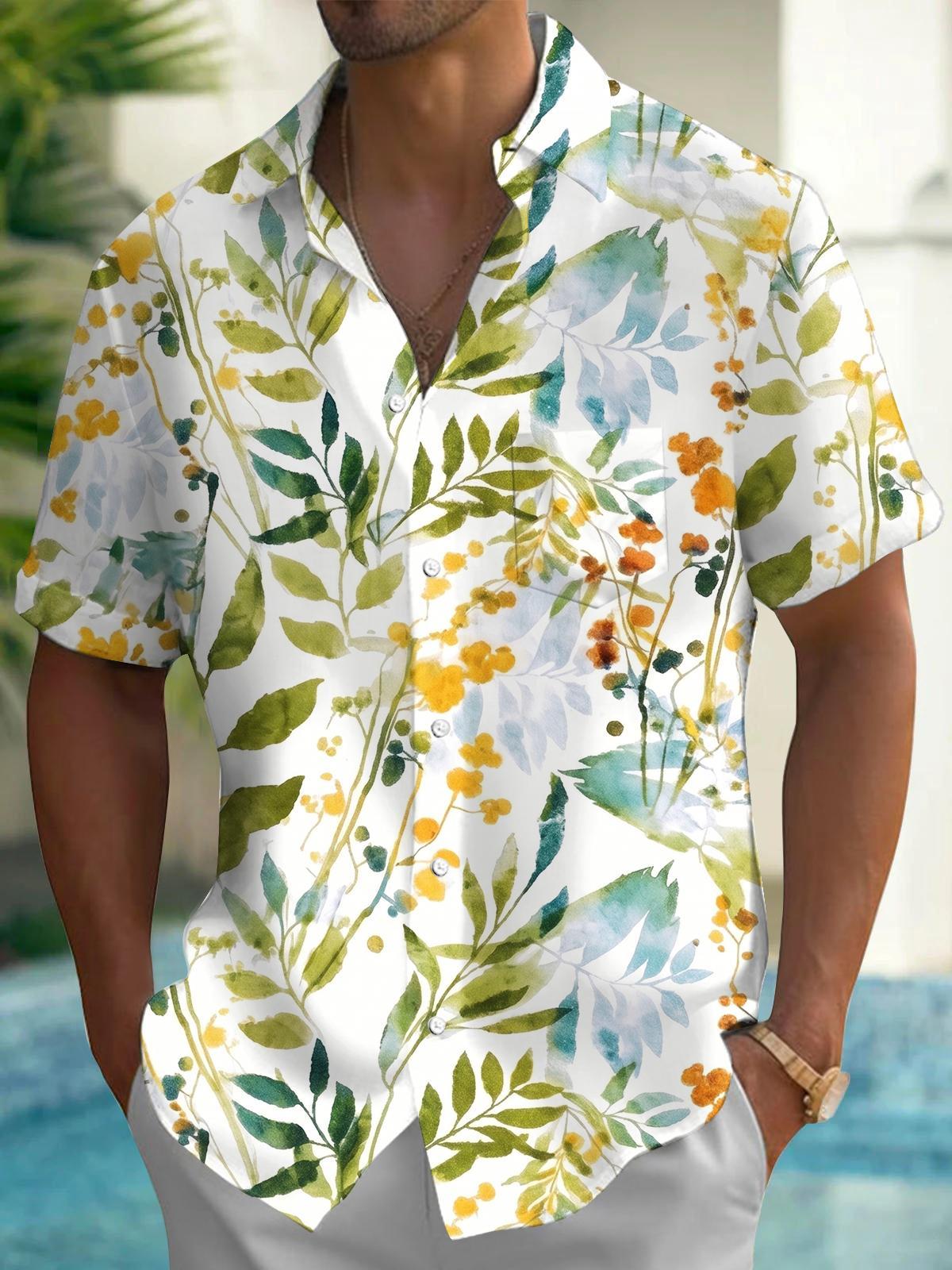 Fresh Watercolor Green Leaves Floral Plant Men's Pocket Short Sleeve Shirts