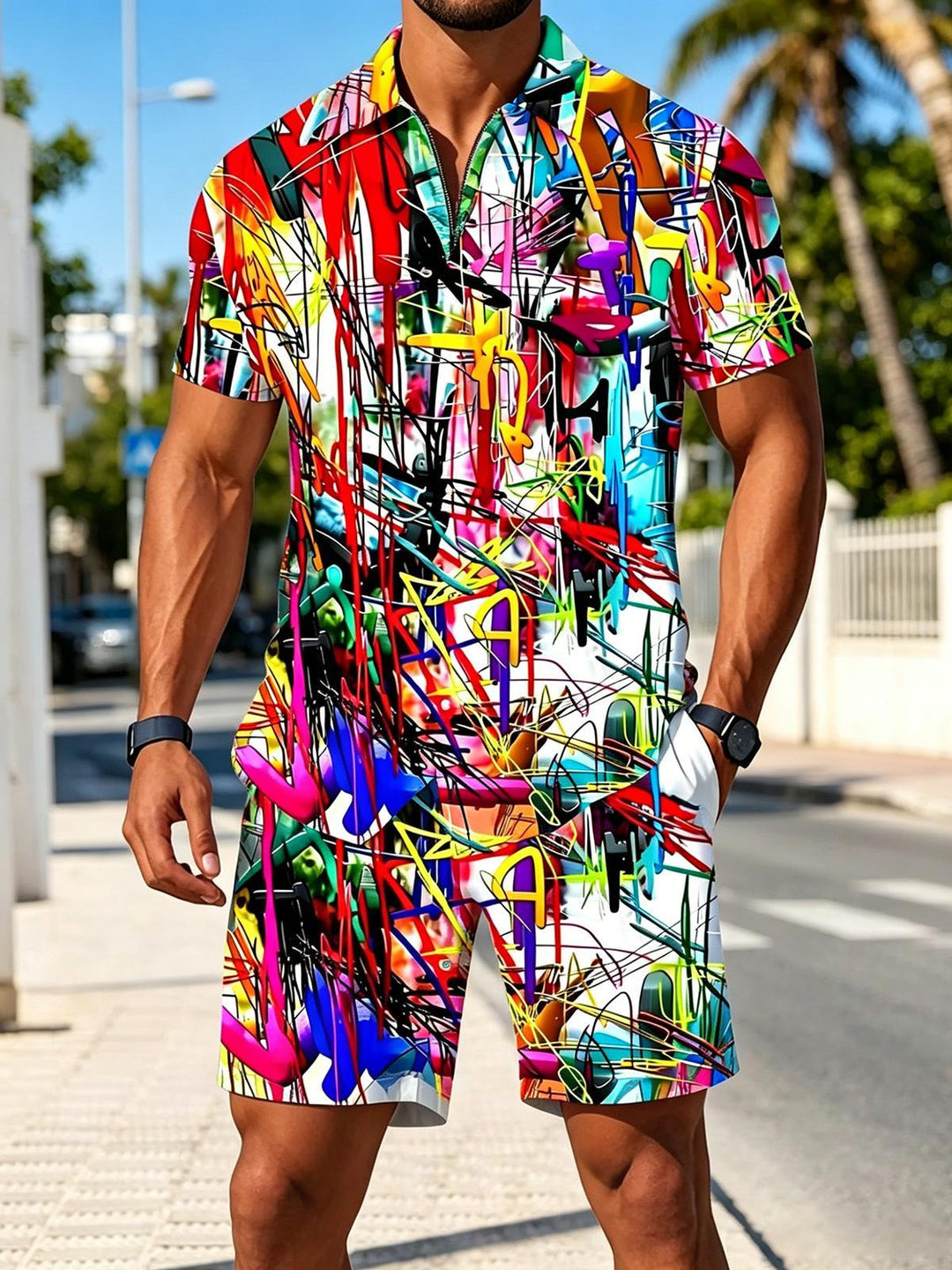 Tie Dye Men's Short Sleeve Zipper Polo And Shorts Set
