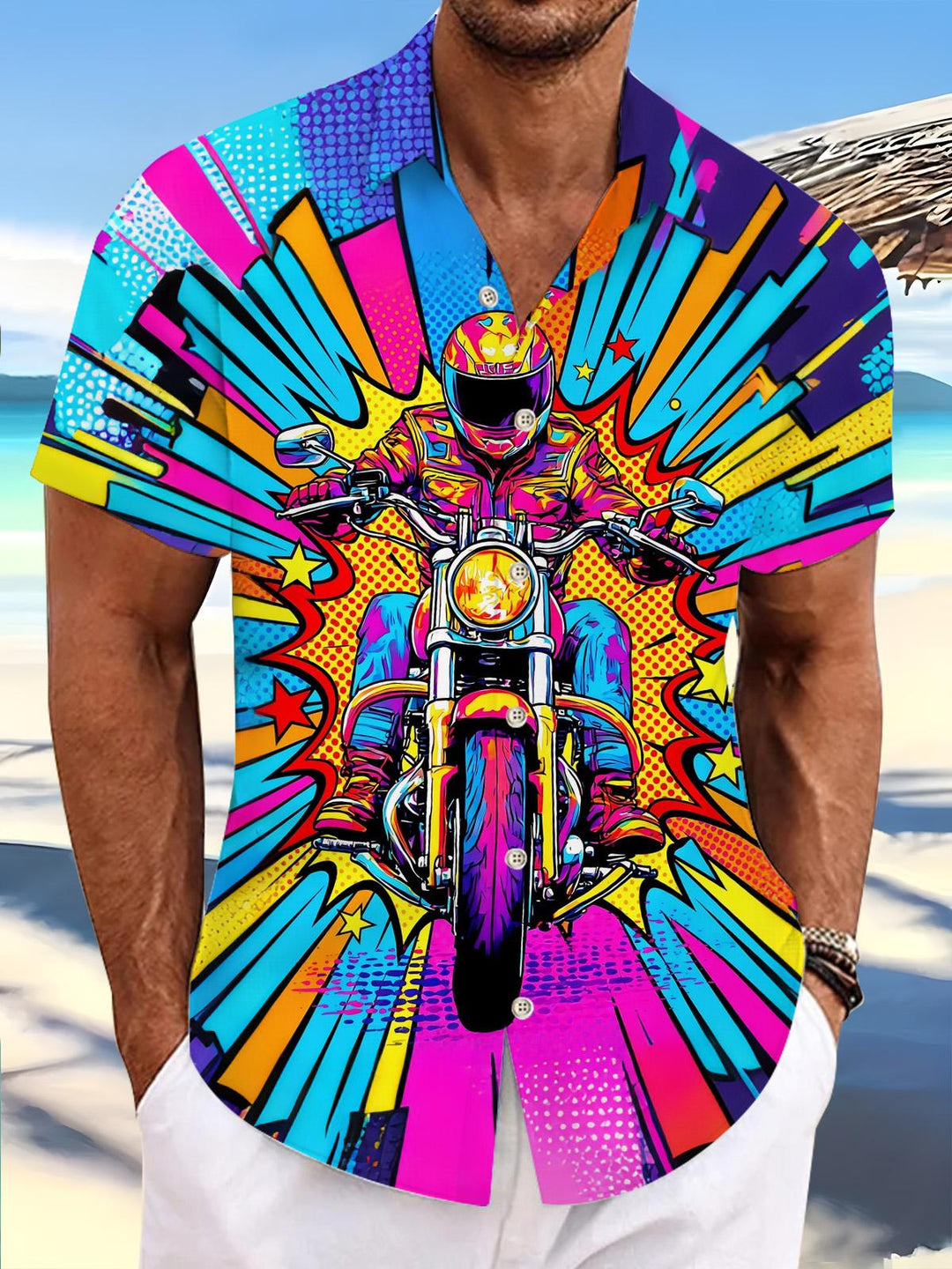 Motorcyclist Pop Art Print Men's Pocket Short Sleeve Shirts