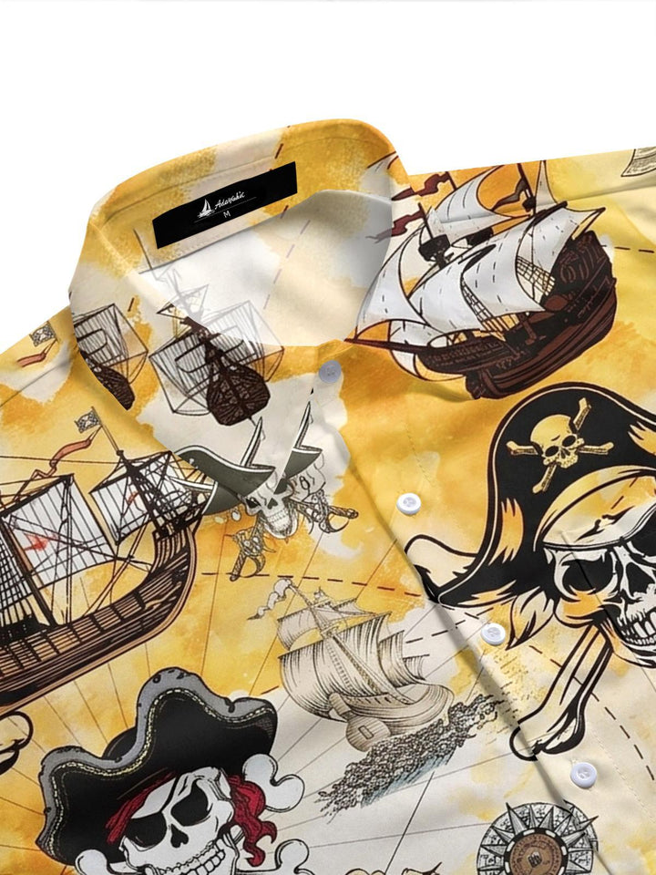 Pirate Skull Boat Print Men's Pocket Short Sleeve Shirts