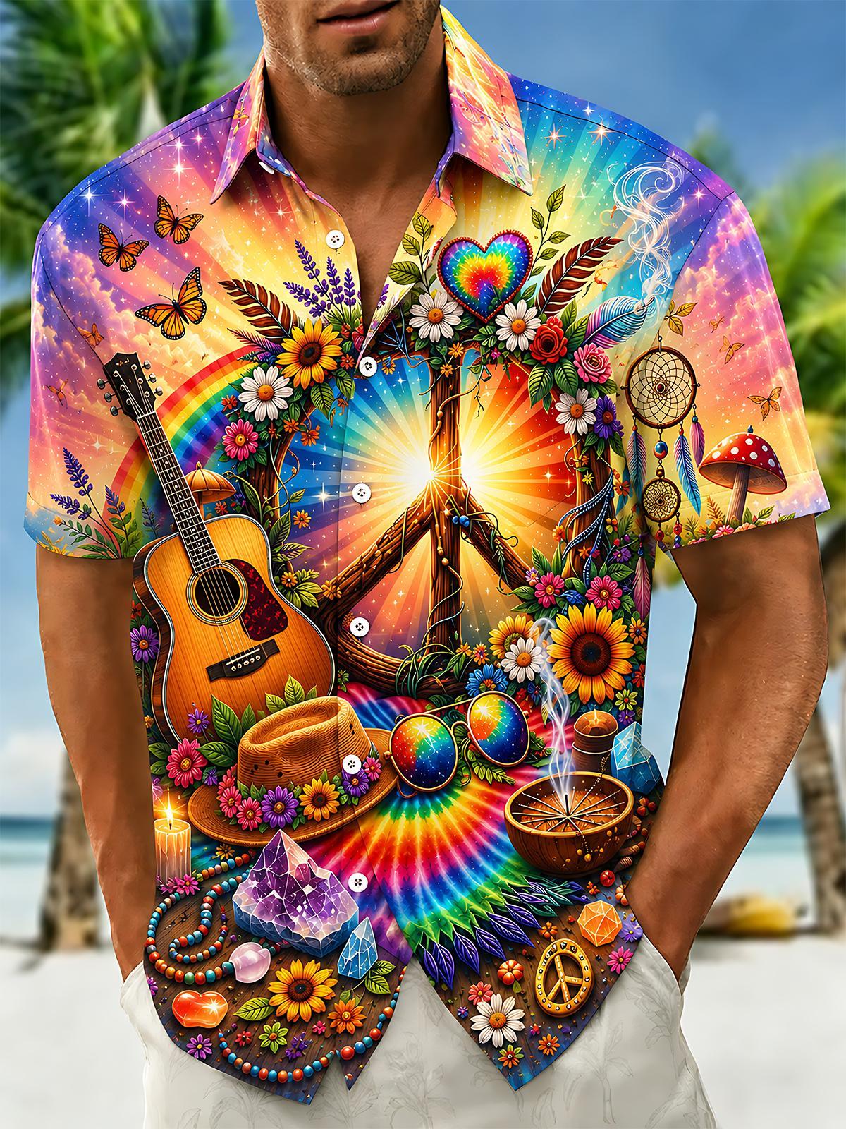 Hippie Peace Colorful Guitar Bohemian Men's Pocket Short Sleeve Shirts