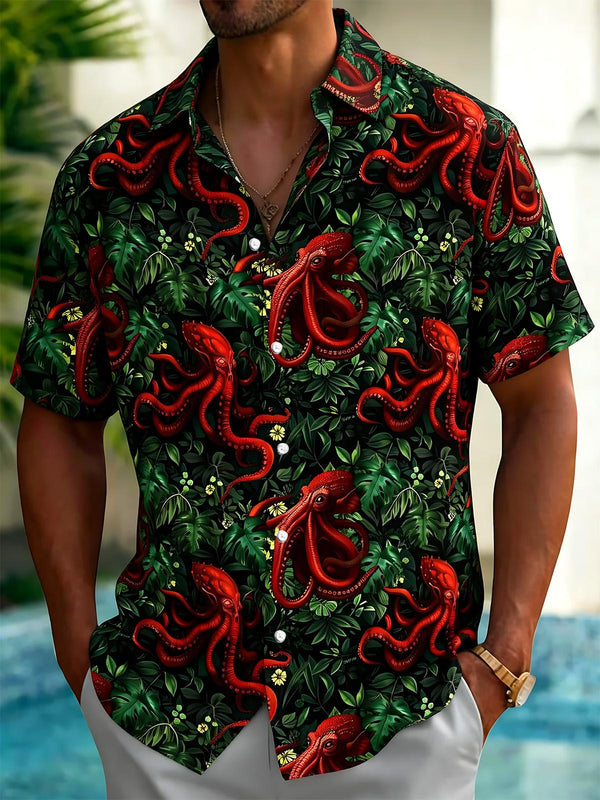 Octopus Plant Print Men's Pocket Short Sleeve Shirts