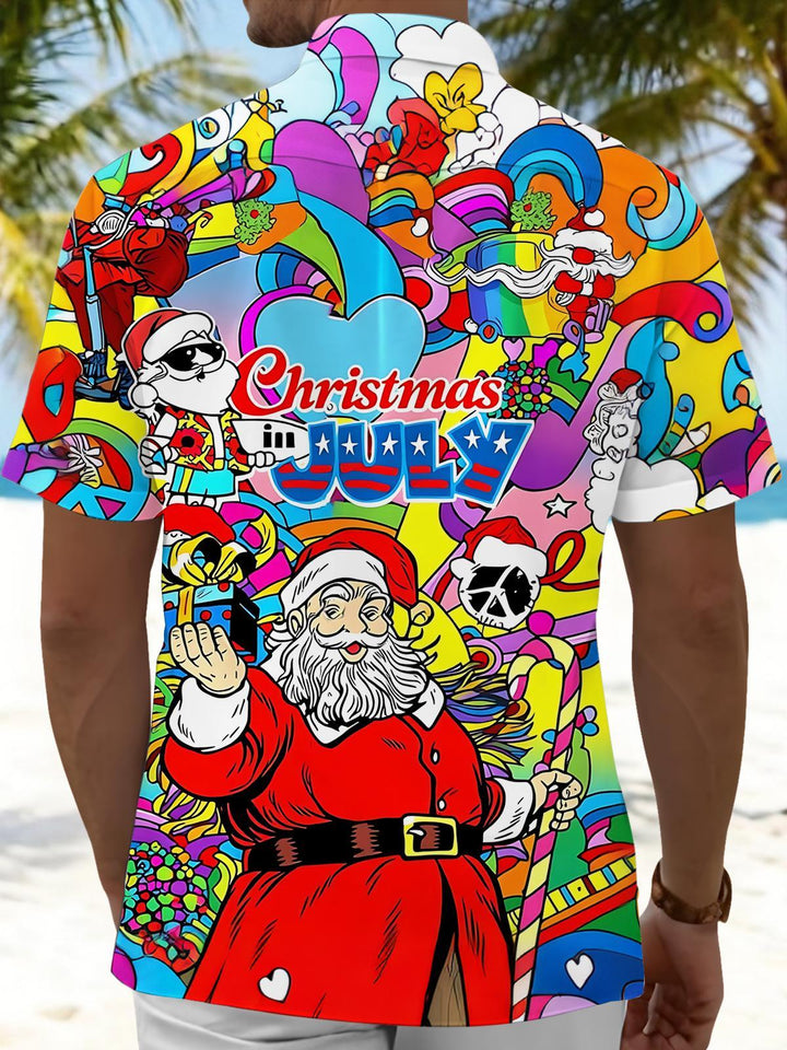 July Christmas Print Men's Pocket Short Sleeve Shirts