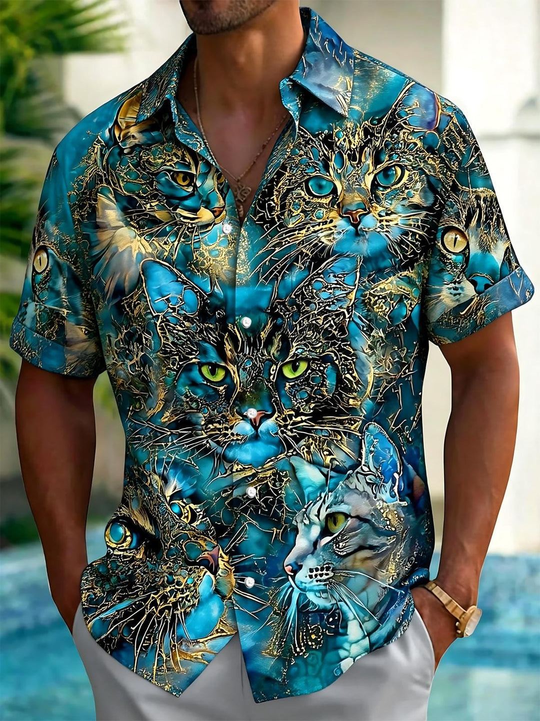 Cat Print Men's Pocket Short Sleeve Shirts